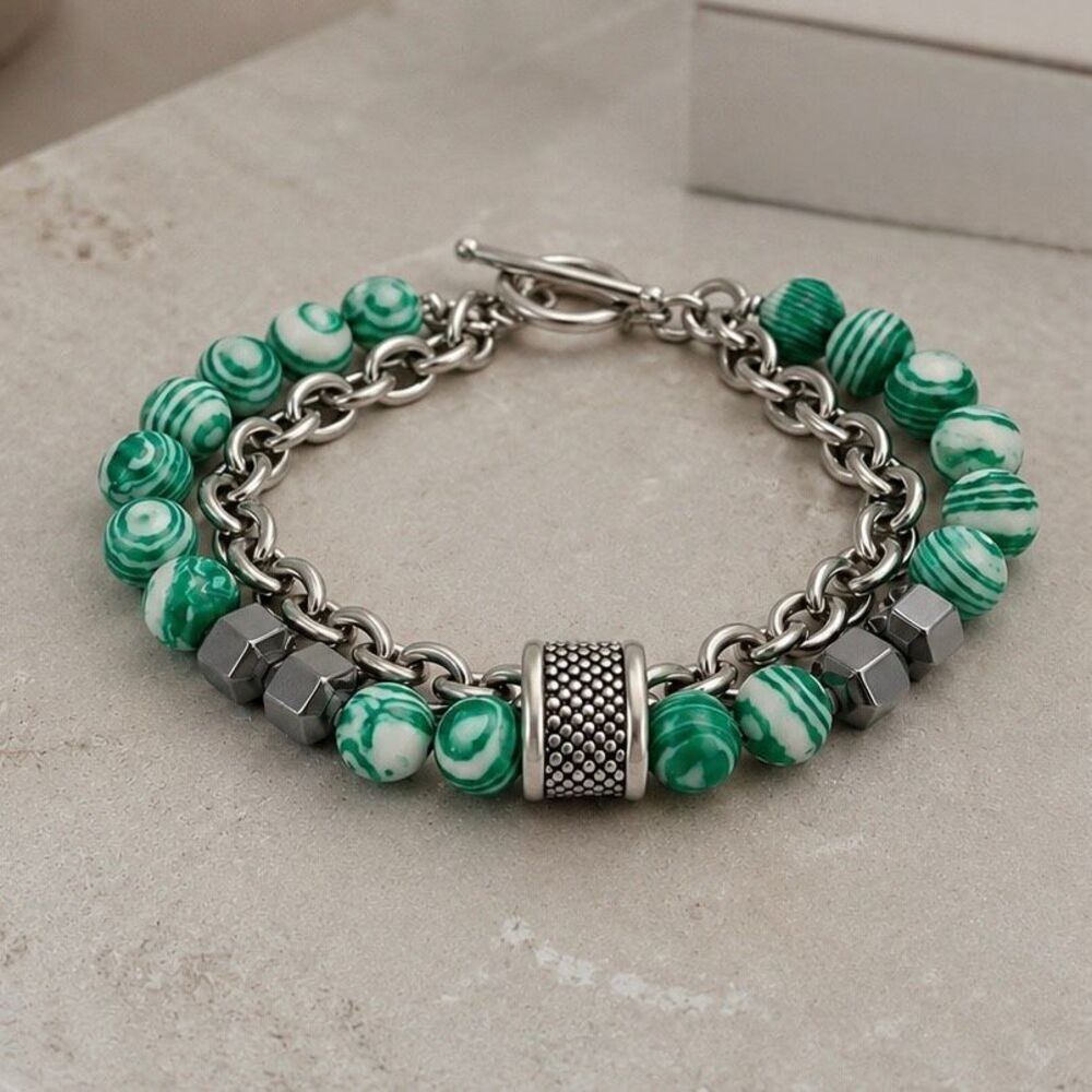 Green & White Double Strand Beaded Chain Bracelet